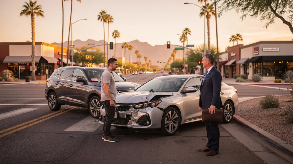 The image depicts a calm scene of a car accident in Phoenix, Arizona, during golden hour, featuring two damaged vehicles—a sedan and an SUV—at a city intersection. A professionally dressed attorney engages with an injured driver, emphasizing the importance of seeking legal advice for car accident claims and understanding their rights in the aftermath of the incident.
