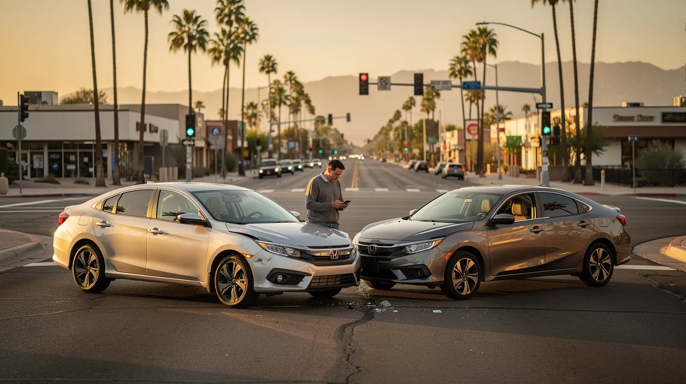 The image depicts a car accident scene in Phoenix during golden hour, featuring two modern vehicles with subtle damage, such as a crumpled bumper and a broken headlight, at a busy urban intersection lined with palm trees. One driver stands outside looking concerned while holding a phone, with faint desert mountains in the background, evoking the complexities often faced by car accident victims seeking legal representation.