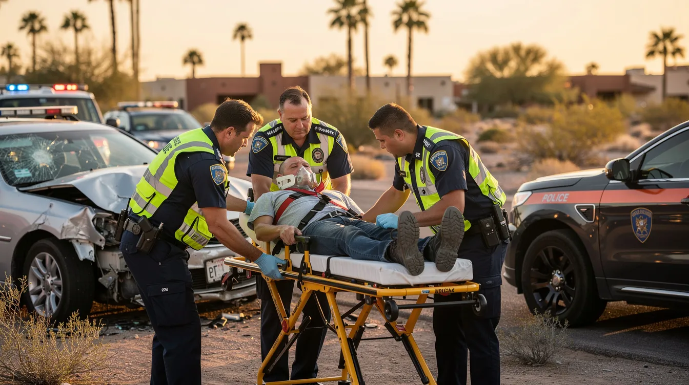 The image captures a serious car accident scene in Phoenix, Arizona, during golden hour, with emergency responders carefully assisting an injured adult male on a stretcher, who is wearing a neck brace and secured on a spinal immobilization board. The background features palm trees and low-rise buildings, while damaged vehicles are visible, emphasizing the potential for catastrophic injuries often associated with motor vehicle accidents and the need for skilled spinal cord injury lawyers.
