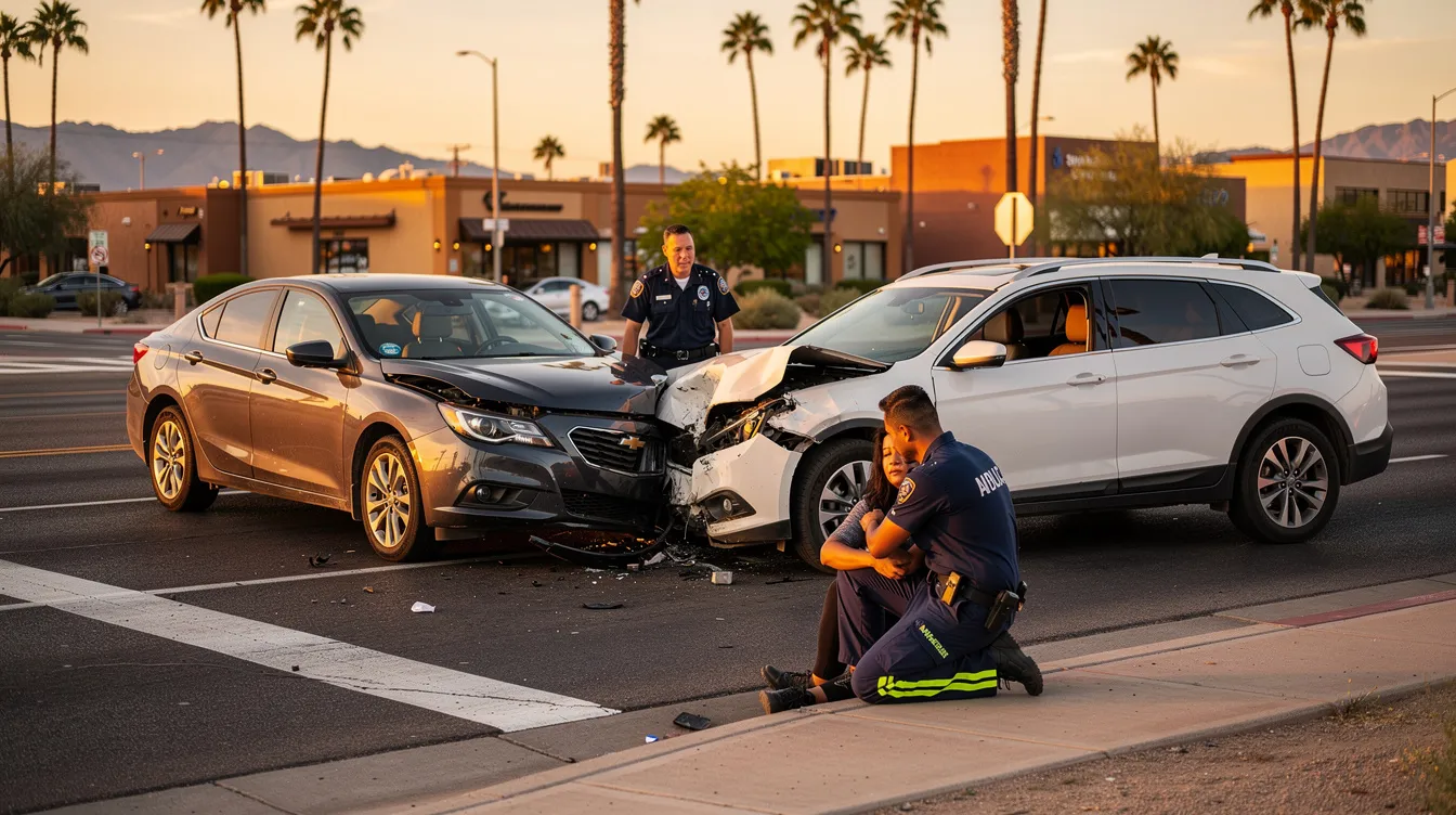 The image depicts a serious car accident scene in Phoenix, Arizona, during golden hour, featuring two damaged vehicles at a desert intersection surrounded by palm trees and distant mountains. A paramedic assists an injured adult sitting on the curb, while another responder stands nearby, capturing the urgency and reality faced by car accident victims.