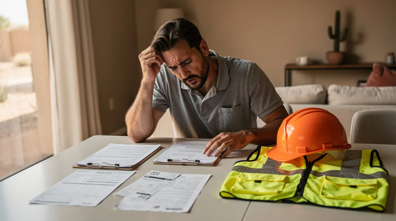 An injured worker in Phoenix, Arizona, sits at a table with a concerned expression, reviewing medical bills and insurance forms, alongside a clipboard, indicating the stress of navigating a workers compensation claim. A safety vest and hard hat are placed beside them, symbolizing a workplace injury, while warm natural light fills a modern home interior with subtle desert tones.