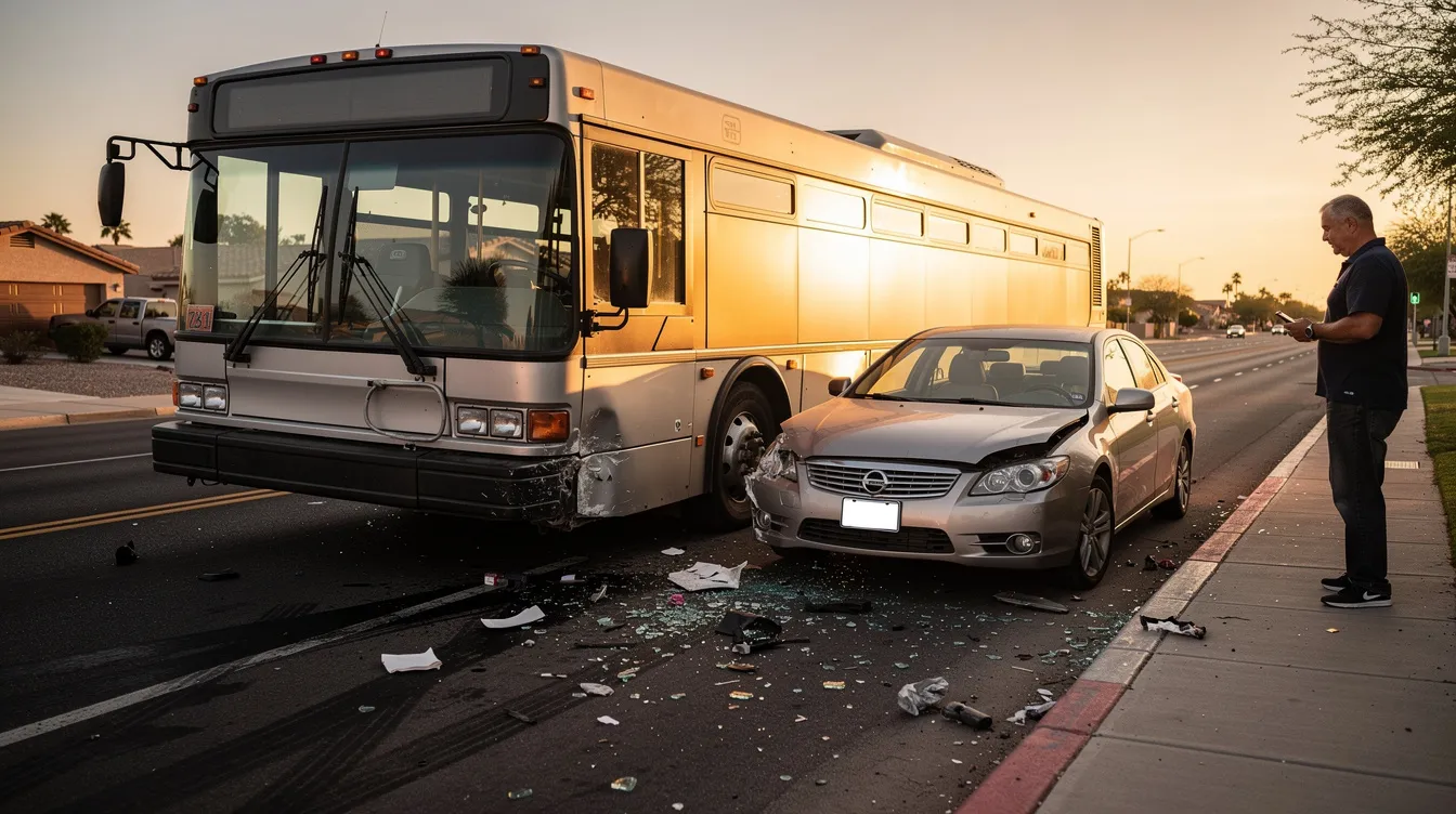 The image depicts a serious bus accident scene in Phoenix during golden hour, featuring a generic city bus diagonally blocking a suburban roadway after colliding with a mid-size sedan, which shows significant front-end damage. Debris is scattered across the asphalt, and a concerned adult stands on the sidewalk, capturing the moment on their phone, amidst a backdrop of palm trees and desert homes.