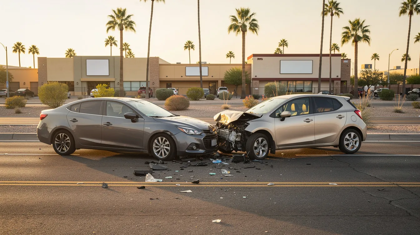 The image depicts a realistic car accident scene in suburban Phoenix, Arizona, captured during golden hour lighting. Two generic vehicles, a mid-size sedan and a compact hatchback, are involved in a collision, showing significant front-end damage and debris scattered across the dry asphalt roadway, with palm trees and low-rise commercial buildings in the background.