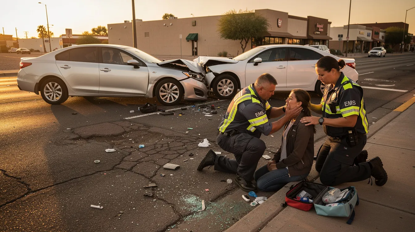 The image depicts a car accident scene in Phoenix, Arizona, during golden hour, featuring two civilian sedans with front-end collision damage on a wide urban roadway. Two paramedics in high-visibility uniforms are attending to an injured civilian seated on the curb, while scattered debris and skid marks are visible on the asphalt, capturing the aftermath of a serious motor vehicle accident.