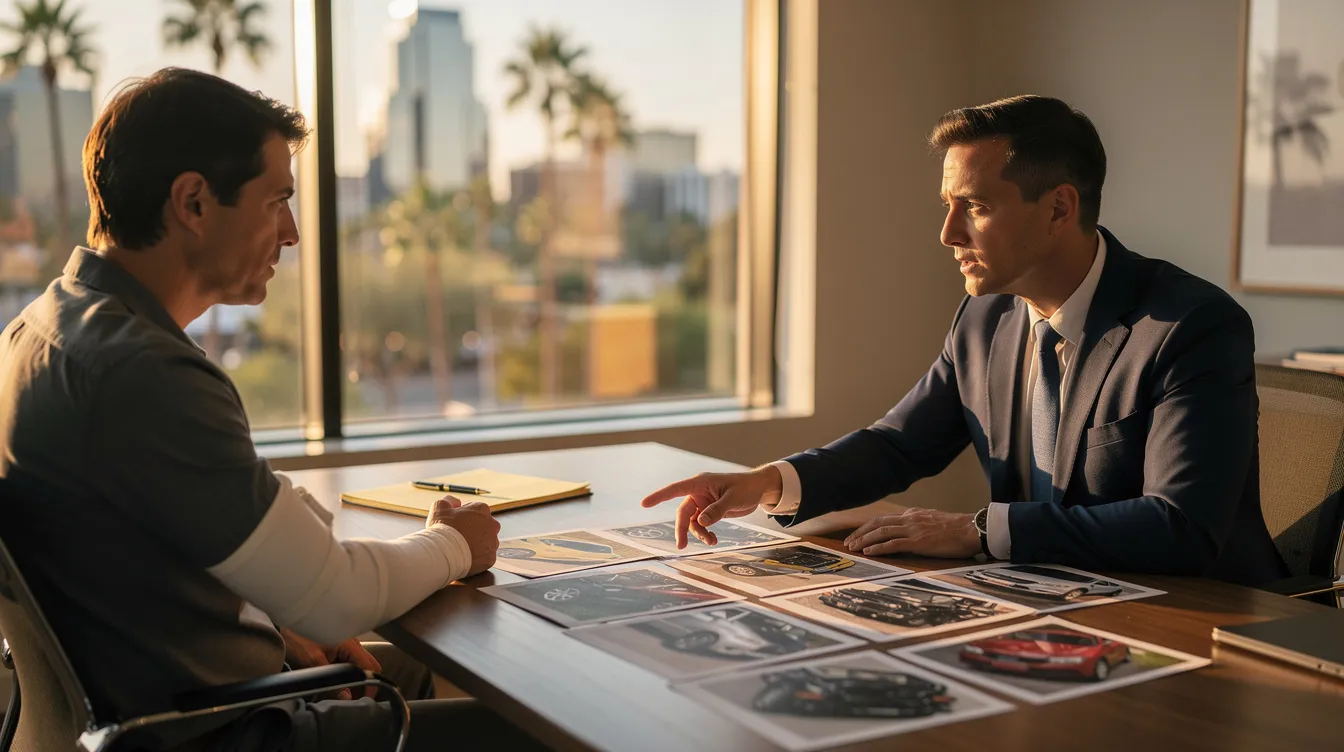 The image depicts a professional personal injury attorney in a navy suit consulting with an injured client in a modern office during golden hour. The attorney is explaining car accident details with printed photos on the desk, while the warm Phoenix sunlight filters through a large window, highlighting the serious and focused atmosphere of the legal consultation.