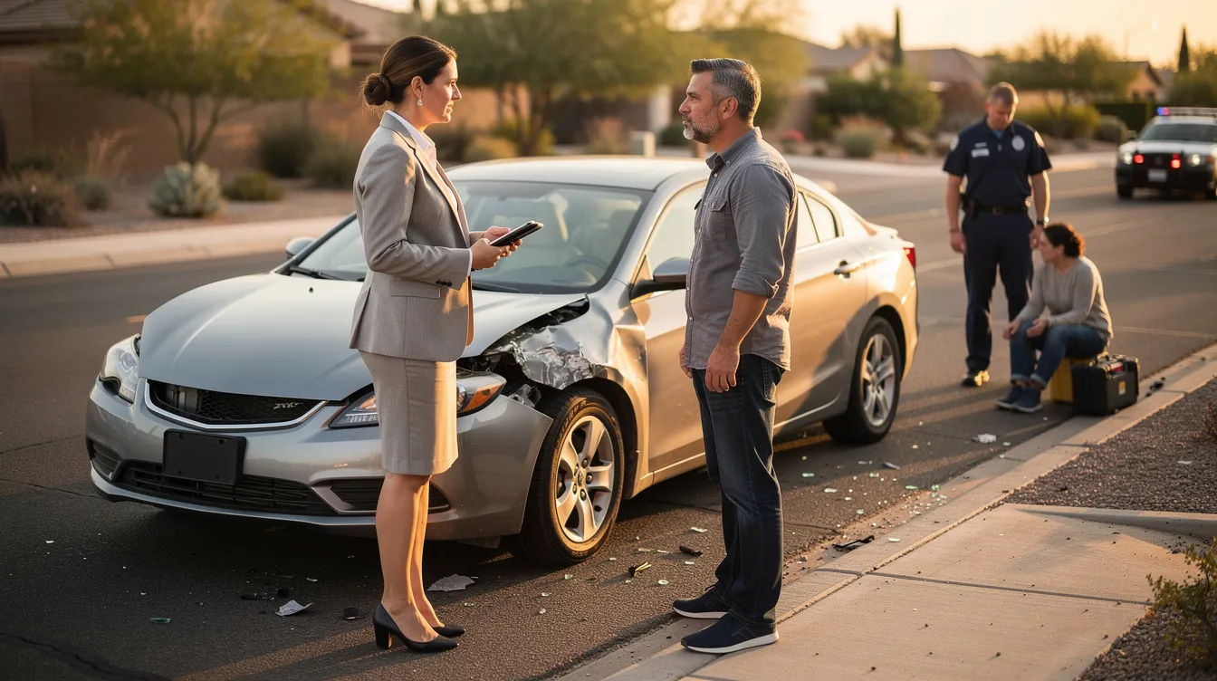 An ultra-realistic photograph captures a legal consultation moment at a Phoenix car accident scene during golden hour. A concerned adult accident victim stands beside a mid-size sedan with front-end damage, while a professional attorney in neutral attire listens attentively, emphasizing the importance of legal representation in personal injury cases. In the blurred background, a paramedic assists another injured individual, subtly highlighting the aftermath of the accident.