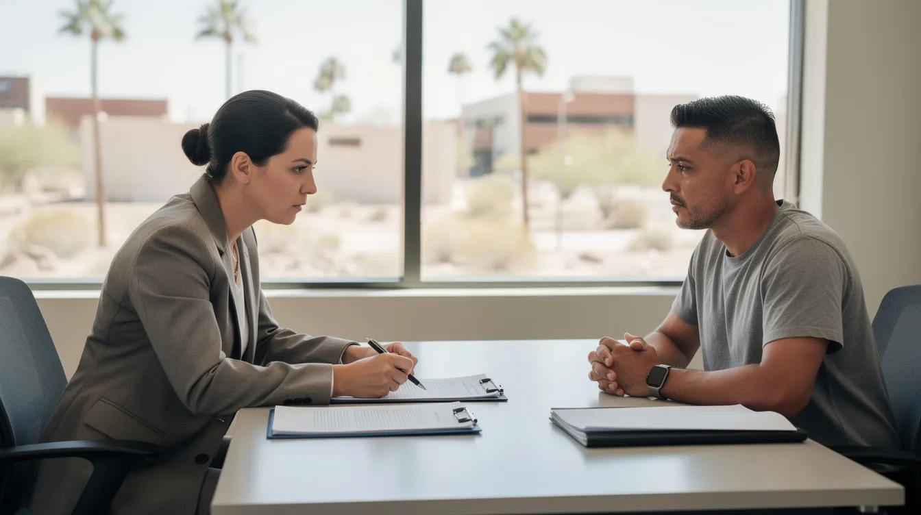 The image depicts a professional consultation scene in a modern Phoenix law office, featuring a personal injury attorney in a neutral suit engaged in discussion with a client in casual attire. They are seated at a clean desk with blank documents related to a car accident case, highlighting the importance of choosing the right personal injury lawyer for effective legal representation.