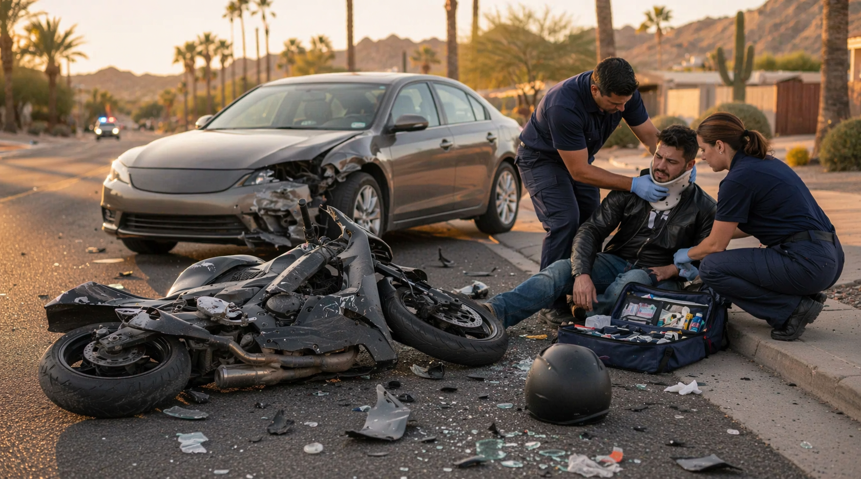 The image depicts a serious motorcycle accident scene in Phoenix, Arizona, during golden hour, featuring a crashed sport motorcycle on its side with visible damage and debris scattered around. Two paramedics in plain navy uniforms are assisting an injured motorcyclist seated on the roadside, while a mid-size sedan with front-end collision damage is parked nearby, all set against a backdrop of dry desert landscaping and palm trees.