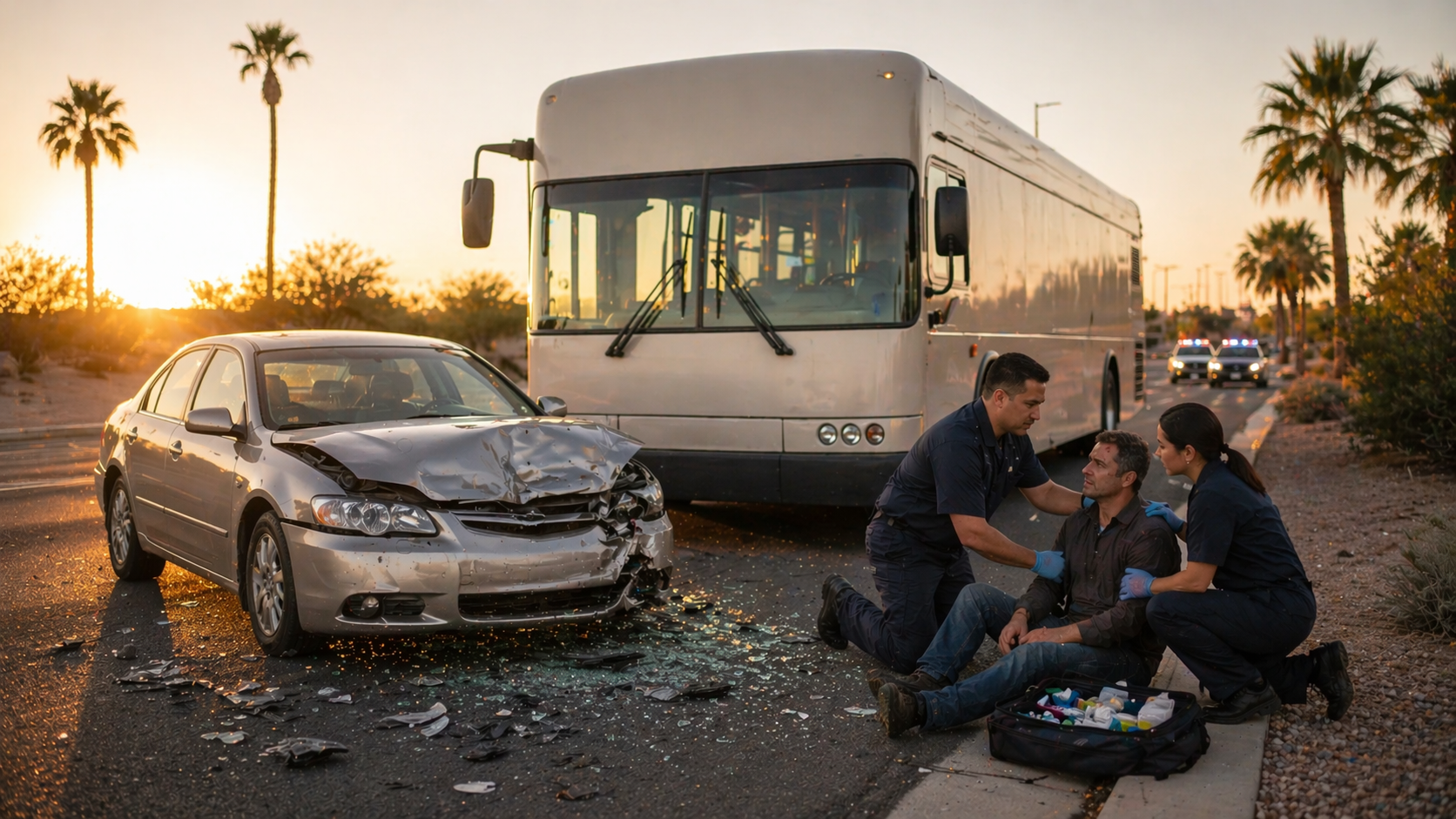 The image depicts a bus accident scene in Phoenix, Arizona, during golden hour, featuring a large city bus at an angle after a collision with a mid-size sedan showing front-end damage. Two paramedics in plain navy uniforms assist an injured adult seated on the roadside, while debris and palm trees are visible in the warm sunlight, capturing the serious nature of bus accident injuries and the need for legal representation for victims.