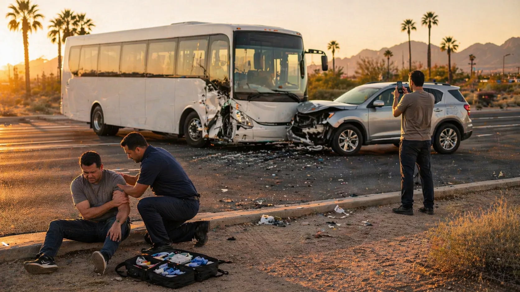 The image depicts a serious bus accident scene in Phoenix, Arizona, featuring a large white city bus and a mid-size SUV both showing significant collision damage. In the foreground, a conscious injured passenger is being assisted by a paramedic, while a bystander documents the scene with a smartphone, highlighting the emotional and physical toll of bus accidents.