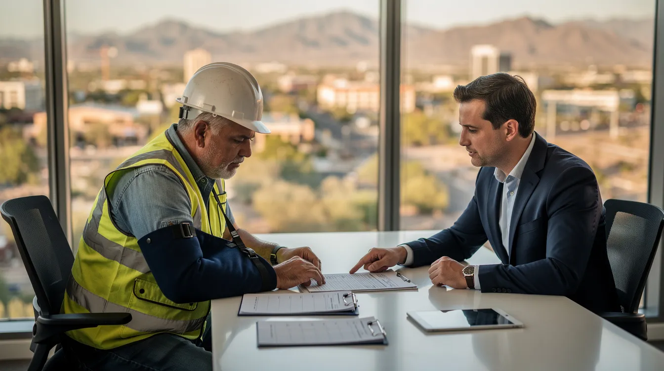 The image depicts a serious consultation scene in a modern law office in Phoenix, Arizona, where a middle-aged construction worker with an arm sling is discussing his workplace injury case with a professional attorney dressed in a navy suit. The setting conveys a sense of trust and professionalism, highlighting the importance of legal guidance for injured workers seeking workers compensation benefits after a work-related accident.