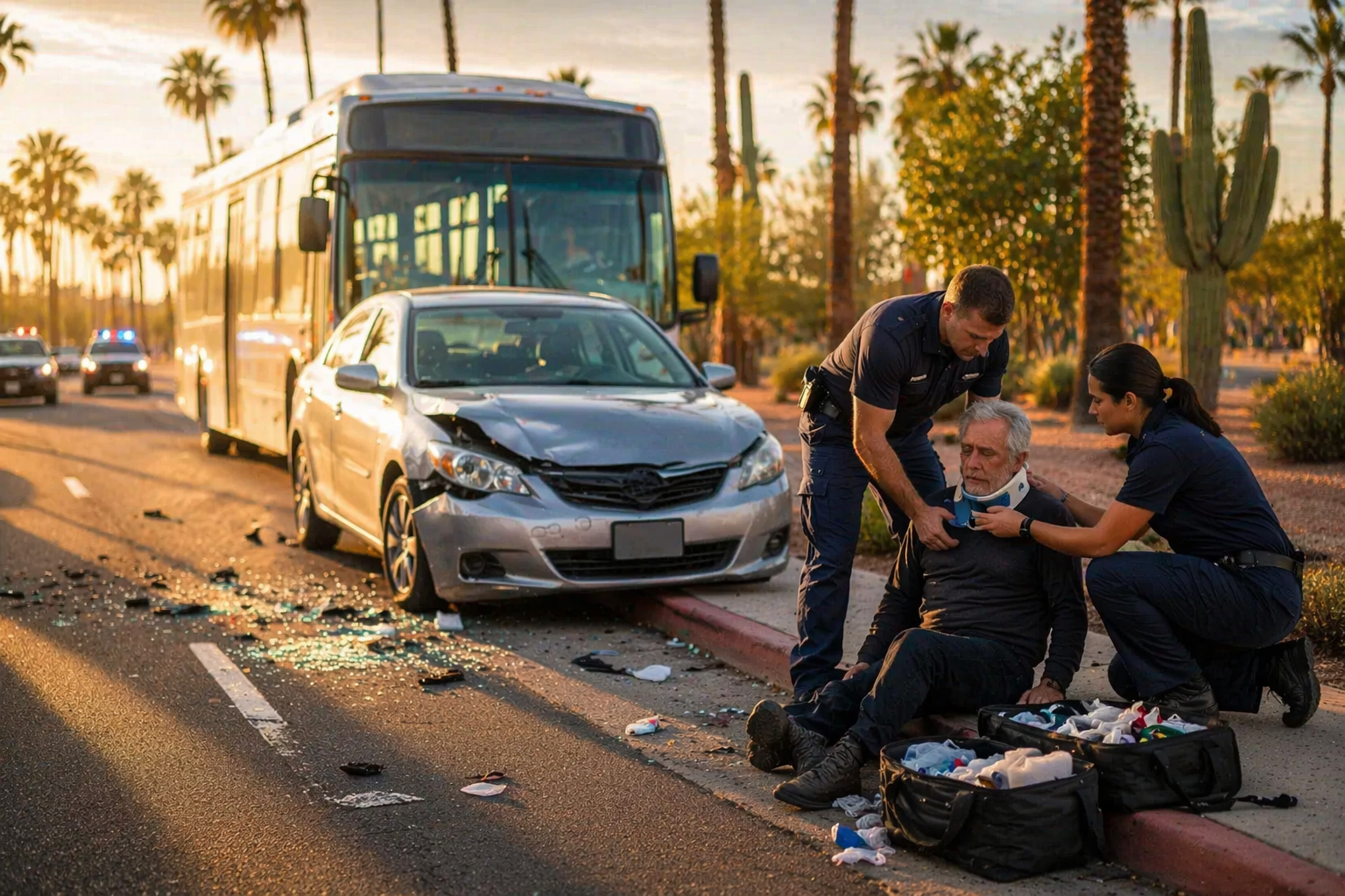 An ultra-realistic editorial photograph depicts a Phoenix bus accident scene during golden hour, featuring a large city bus and a damaged mid-size sedan on a roadway scattered with debris. Two paramedics in navy uniforms are assisting an injured older adult seated on a curb, highlighting the urgent medical response amidst the serene desert landscape of palm trees and cacti.