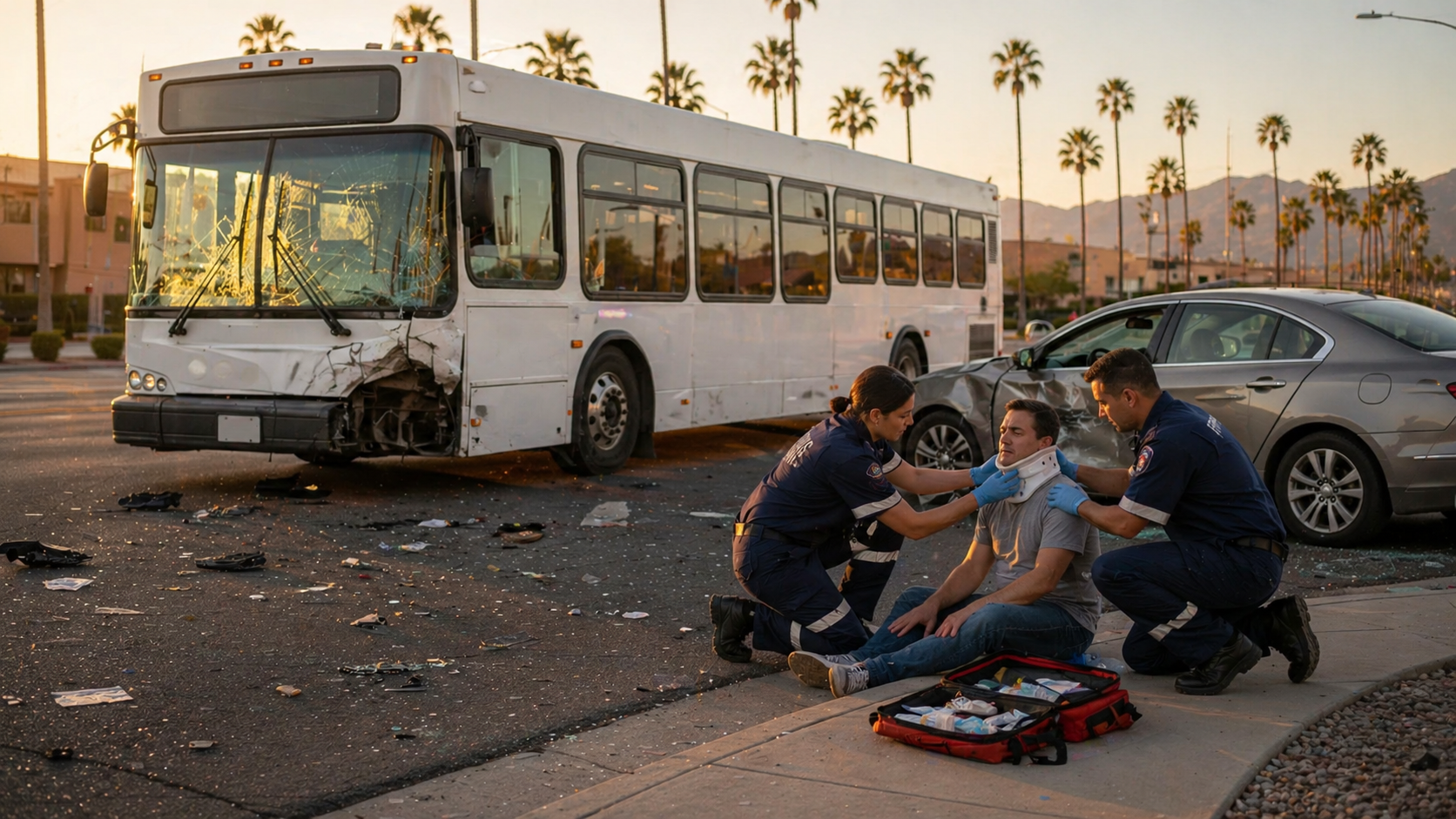 The image depicts a realistic bus accident scene in Phoenix during golden hour, featuring a large, plain white city bus with front-end damage and a civilian sedan nearby with side-impact damage. Two paramedics in navy blue uniforms are providing medical care to an injured civilian seated on the curb, amidst scattered debris on the roadway, with palm trees and distant mountains visible in the warm lighting.