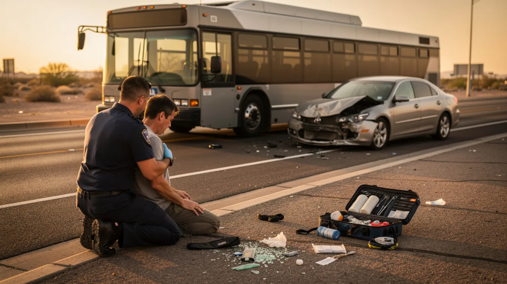 The image depicts a bus accident scene in Phoenix, Arizona, during golden hour, featuring a large city bus stopped diagonally across a multi-lane road after a collision with a mid-size passenger car showing front-end damage. A paramedic in a plain navy uniform is assisting an injured adult seated on the curb, while an open medical kit lies on the ground nearby, capturing the immediate aftermath of the accident, emphasizing the serious nature of bus accident claims and the need for legal representation in such incidents.