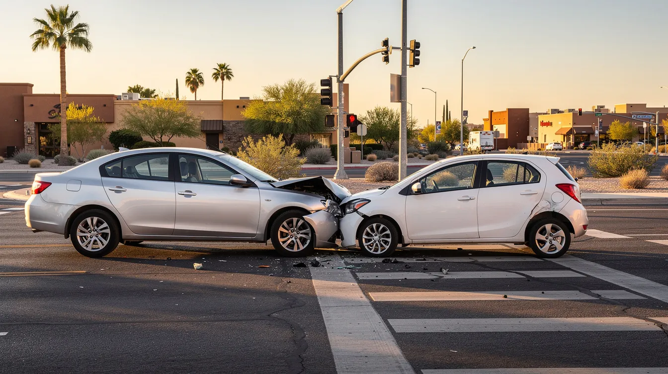 The image depicts a car accident scene in Phoenix, Arizona, featuring two generic civilian vehicles with moderate front-end damage, positioned diagonally at an urban intersection. The warm golden hour light highlights the vehicles' neutral colors and the surrounding desert landscape, creating a realistic portrayal of a typical car accident scene without any people or emergency responders present.