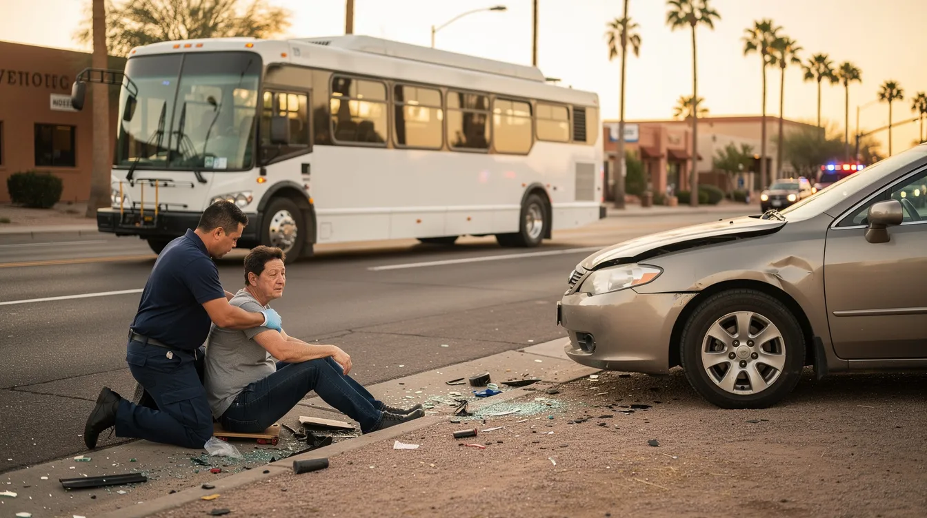 The image depicts a bus accident scene in Phoenix, Arizona, during golden hour, featuring a plain white city bus and a mid-size sedan with front-end damage positioned on a wide urban road. A paramedic in a navy uniform is kneeling beside an injured adult on the curb, providing first aid amidst scattered debris, palm trees, and distant desert mountains, capturing the serious nature of bus accident injuries and the emotional toll on victims.