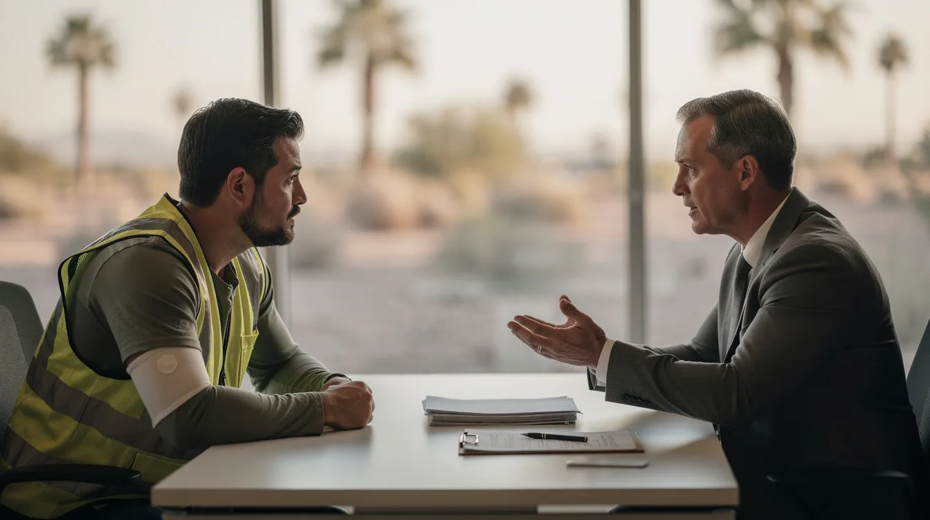 An injured construction worker in a muted safety vest sits at a desk during a legal consultation in Phoenix, Arizona, engaging with an attorney in a professional suit. The scene captures a candid moment of communication about workplace injury claims, emphasizing the importance of quality legal representation for injured workers navigating Arizona's workers compensation system.