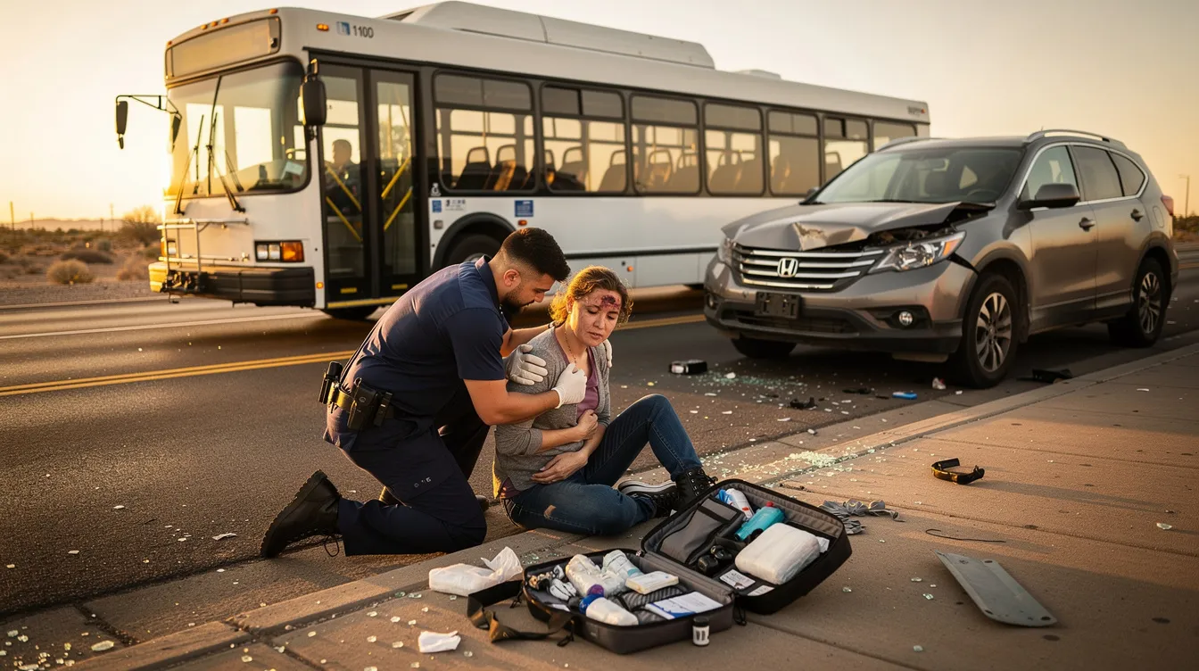 The image depicts a bus accident scene in Phoenix, Arizona, during golden hour lighting, featuring a large city transit bus stopped diagonally on a multi-lane roadway after a collision with a mid-size SUV showing front-end damage. In the foreground, a paramedic kneels beside an injured adult on the curb, providing care, while the warm desert landscape and scattered debris reflect the aftermath of the bus accident.