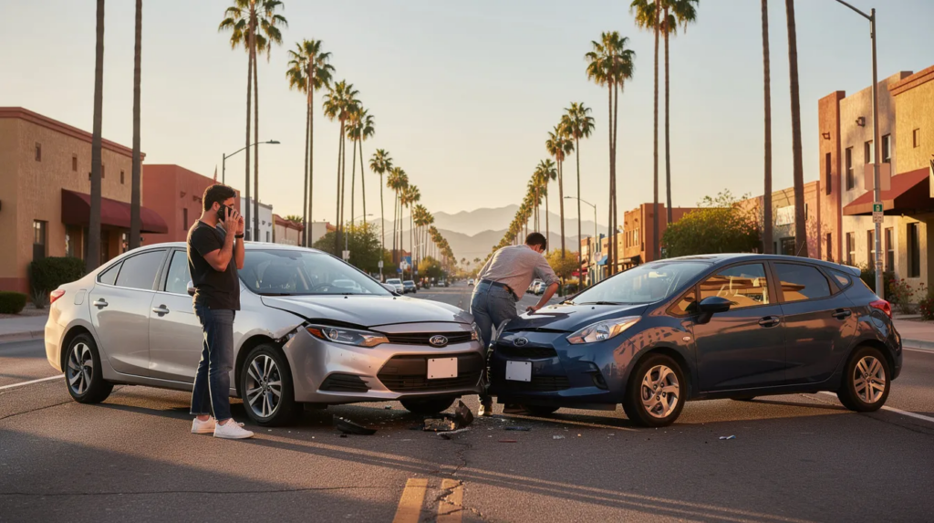 The image depicts a car accident scene in Phoenix, Arizona, during golden hour, featuring two generic civilian vehicles involved in a front-end collision on a wide urban street. One individual stands beside the cars talking on a phone, while another inspects the damage, highlighting the aftermath of the accident, which may necessitate the expertise of a Phoenix car accident lawyer for personal injury claims and compensation recovery.