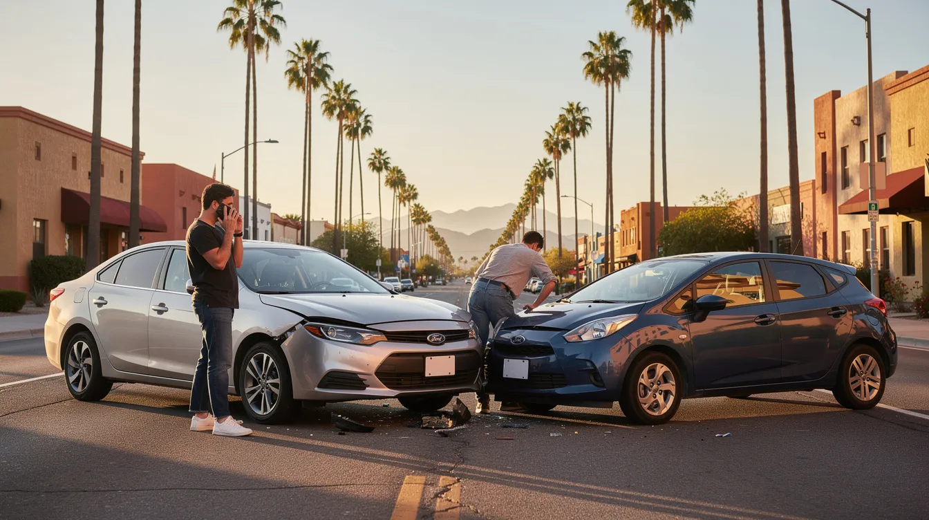 The image depicts a car accident scene in Phoenix, Arizona, during golden hour, featuring two generic civilian vehicles involved in a front-end collision on a wide urban street. One individual stands beside the cars talking on a phone, while another inspects the damage, highlighting the aftermath of the accident, which may necessitate the expertise of a Phoenix car accident lawyer for personal injury claims and compensation recovery.
