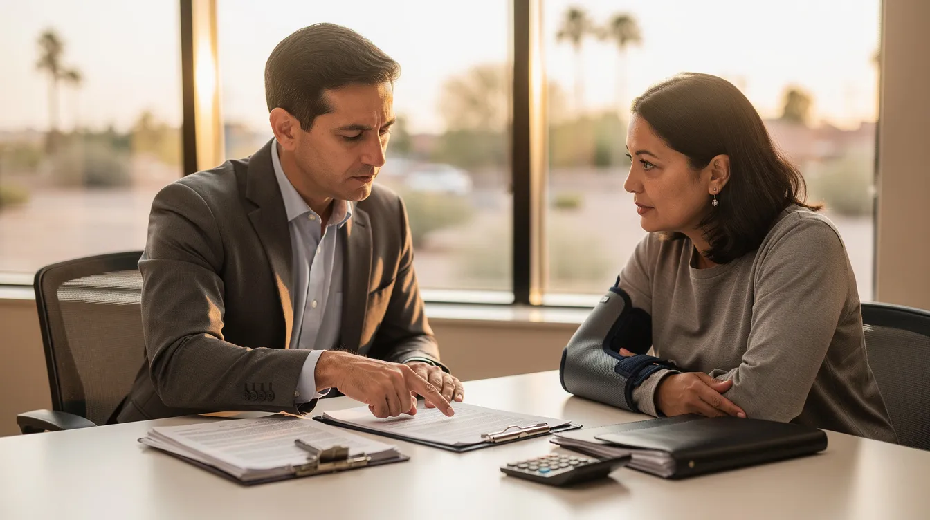 A professional adult client with an arm sling sits across from an attorney in a modern law office in Phoenix, Arizona, during a late afternoon consultation about a car accident case. The warm natural lighting highlights the serious discussion as they review blank documents related to medical bills and insurance claims, reflecting the legal process of seeking compensation for personal injury.