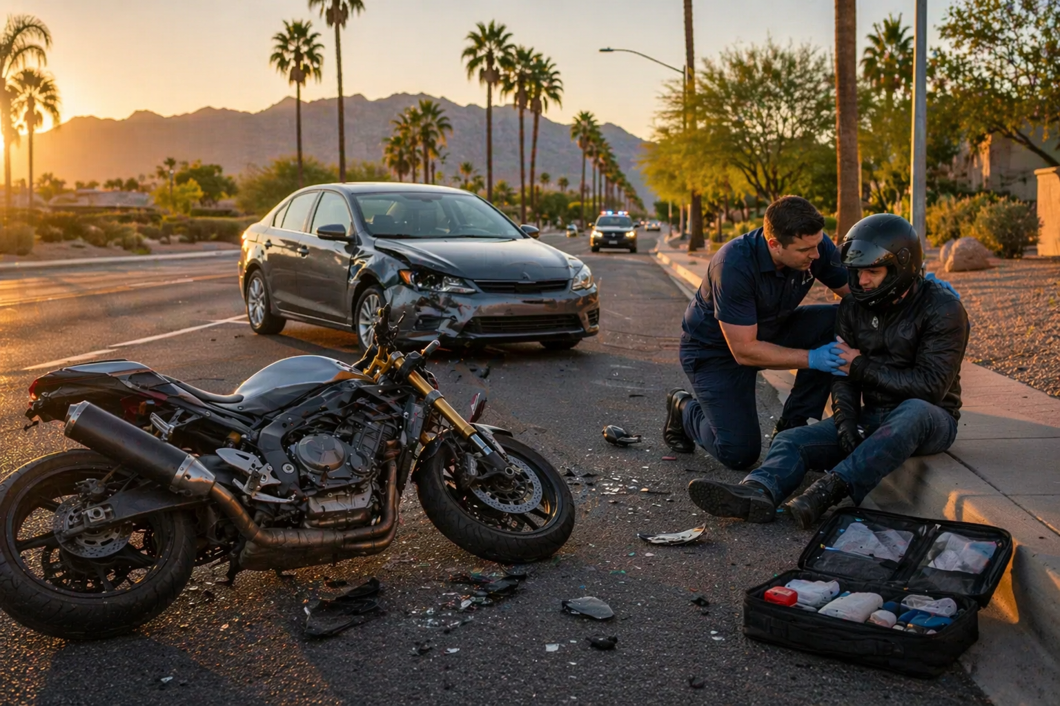 The image depicts a motorcycle accident scene in Phoenix, Arizona, during golden hour, featuring a damaged sport motorcycle on its side and a mid-size passenger car with front-end damage. A paramedic in a plain navy uniform is assisting an injured motorcyclist seated on the curb, while the background includes palm trees and distant mountains, capturing the seriousness of motorcycle accidents and the need for legal representation in personal injury claims.