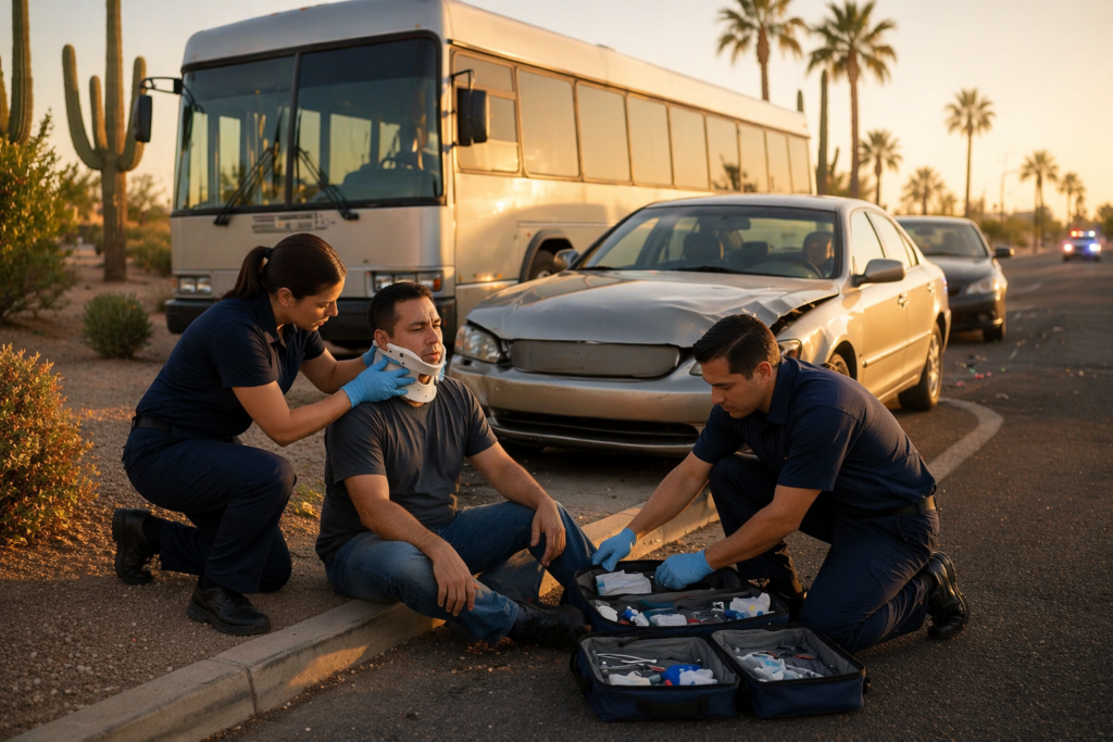 The image depicts an ultra-realistic scene of a Phoenix bus accident during golden hour, featuring a large city bus halted behind a mid-size sedan with front-end damage. Two paramedics in plain navy uniforms are assisting an injured adult seated on the curb, with medical tools visible, while the warm desert landscape of Phoenix, adorned with palm trees and cacti, sets the backdrop, suggesting the serious nature of bus accidents and the potential for traumatic injuries.