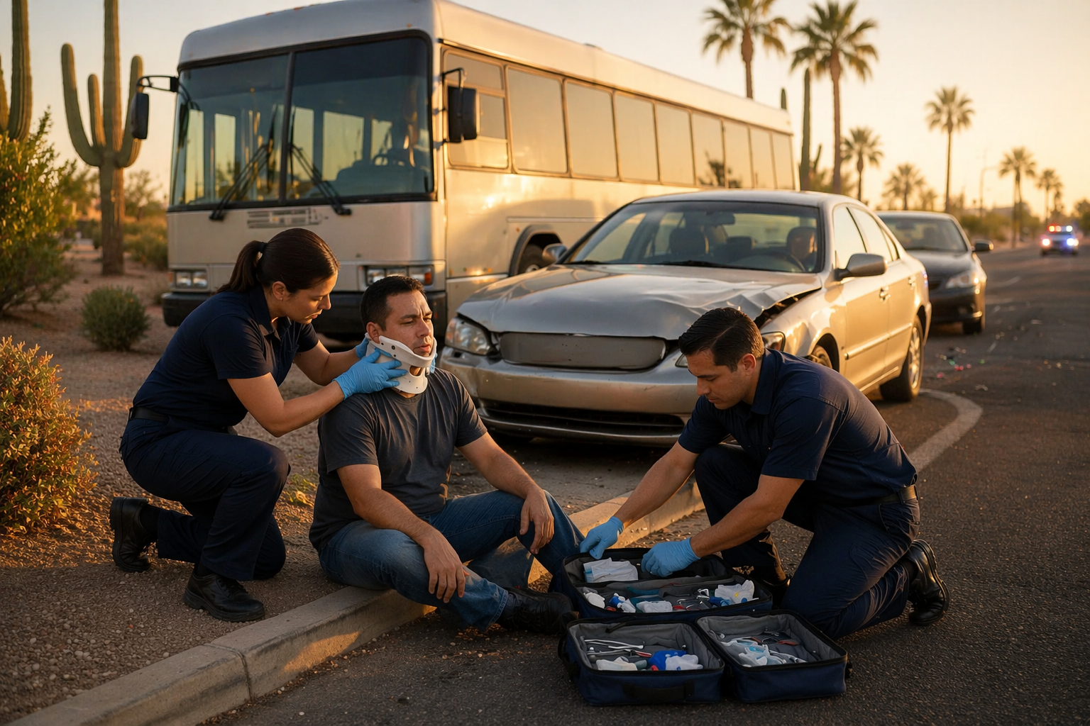 The image depicts an ultra-realistic scene of a Phoenix bus accident during golden hour, featuring a large city bus halted behind a mid-size sedan with front-end damage. Two paramedics in plain navy uniforms are assisting an injured adult seated on the curb, with medical tools visible, while the warm desert landscape of Phoenix, adorned with palm trees and cacti, sets the backdrop, suggesting the serious nature of bus accidents and the potential for traumatic injuries.