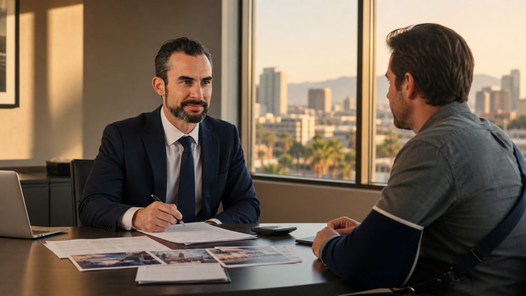 The image depicts a middle-aged male attorney, resembling Jason Harris, in a navy suit, seated at a modern conference table in a law office. He is focused on an injured client, reviewing personal injury claim documents, including medical bills and vehicle damage photos, with warm golden-hour light streaming through the window, creating a calm and professional atmosphere typical of personal injury consultations in Phoenix.