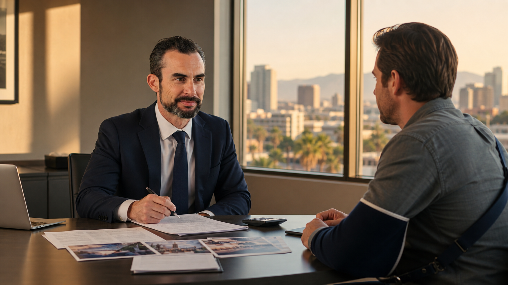 The image depicts a middle-aged male attorney, resembling Jason Harris, in a navy suit, seated at a modern conference table in a law office. He is focused on an injured client, reviewing personal injury claim documents, including medical bills and vehicle damage photos, with warm golden-hour light streaming through the window, creating a calm and professional atmosphere typical of personal injury consultations in Phoenix.
