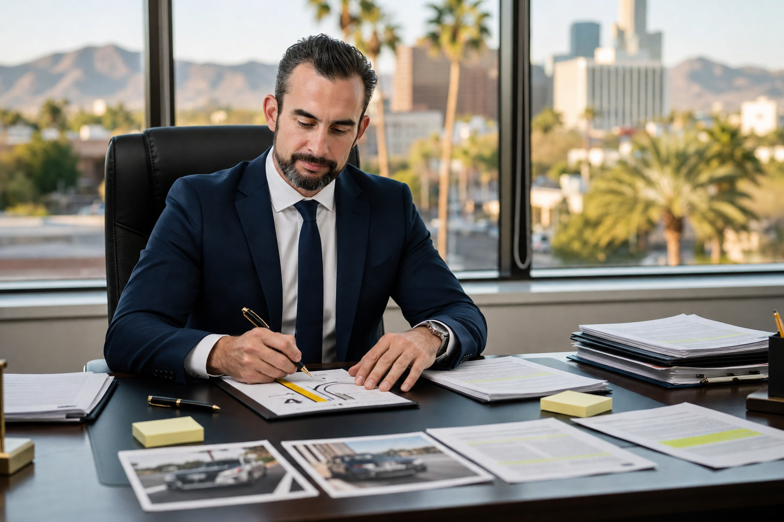 A focused Phoenix personal injury attorney is seated at a modern law office desk, reviewing an Arizona accident liability file amidst organized documents, a roadway fault diagram, and blurred crash scene photos. The backdrop features a warm desert landscape with palm trees and soft mountain silhouettes, creating a trustworthy atmosphere that reflects the legal guidance offered in personal injury cases.