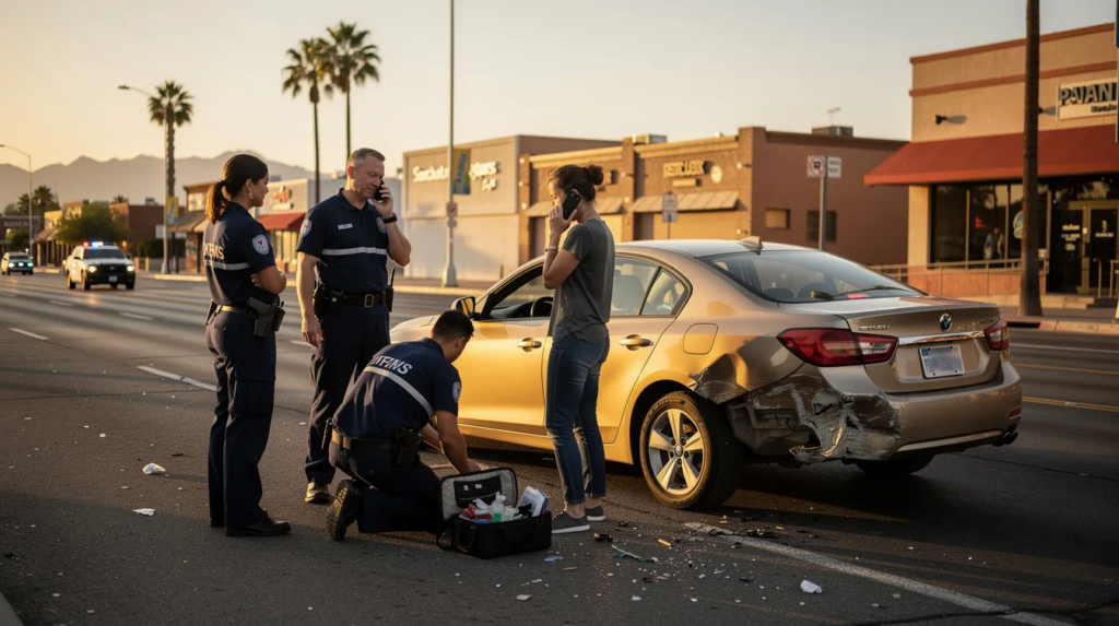 A concerned adult driver stands beside a damaged sedan on a wide urban roadway in Phoenix, during golden hour, after a hit-and-run accident. Two paramedics in navy blue uniforms provide assistance with a trauma kit nearby, while scattered debris lies on the dry asphalt, and a distant police vehicle is visible but not involved in the scene.