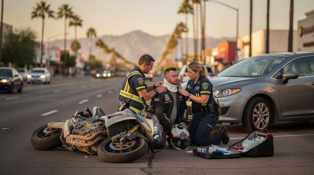 The image depicts a motorcycle accident scene in Phoenix, Arizona, captured during golden hour with warm lighting. Two paramedics in navy uniforms are assisting an injured motorcyclist on the roadway, while a damaged sport motorcycle lies nearby, creating a serious yet calm atmosphere typical of motorcycle accident responses.
