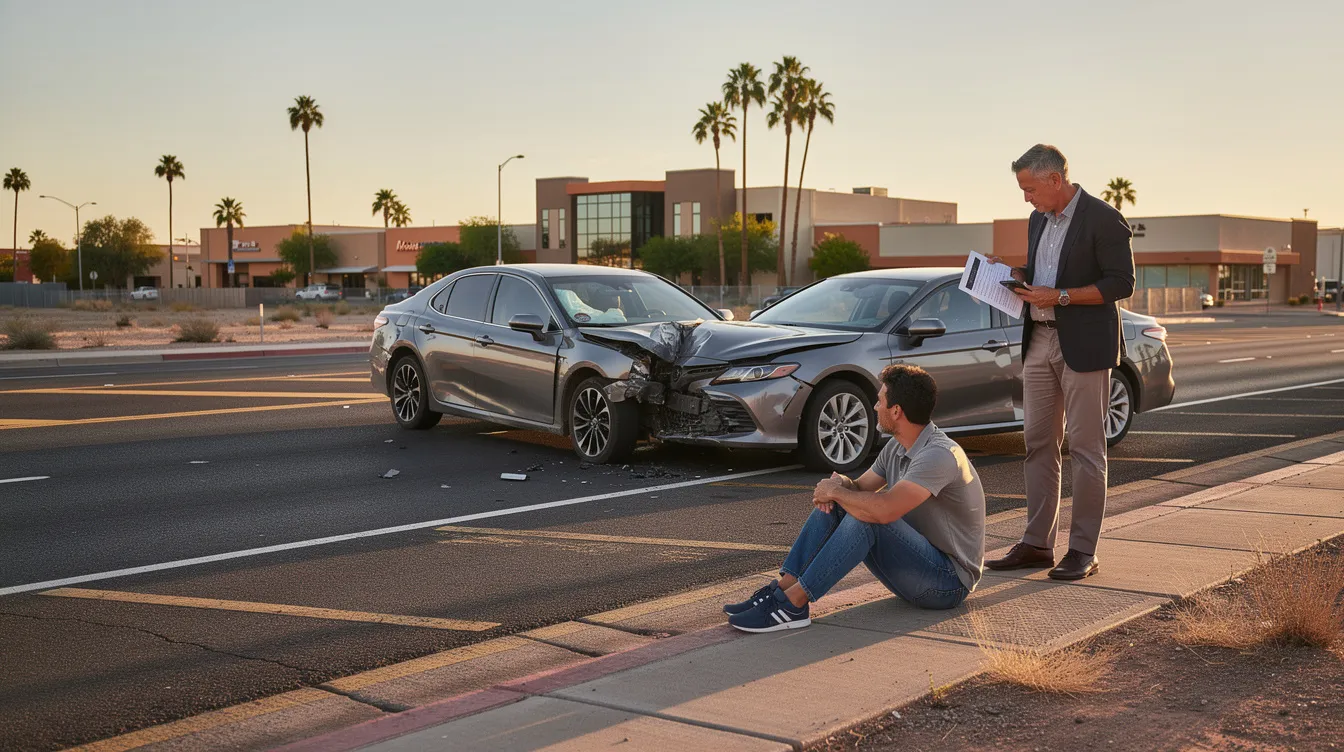 The image depicts a calm yet serious scene of a car accident aftermath on a Phoenix roadway, with two unbranded civilian sedans pulled over after a moderate collision, showcasing visible vehicle damage. An injured adult is seated on the curb, discussing the situation with another concerned driver while holding printed accident report papers and a smartphone, subtly hinting at the legal principles of comparative fault and documentation in Arizona car accident cases.