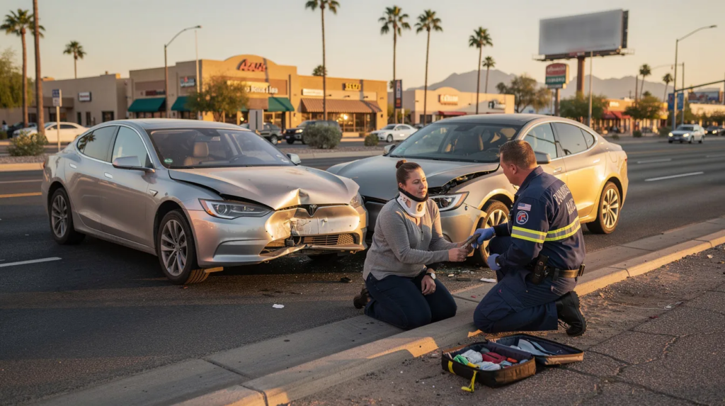 The image depicts a realistic car accident scene in Phoenix during golden hour, featuring two generic sedans with visible front-end damage pulled over on a multi-lane roadway. An injured adult, wearing a neck brace and plain clothing, receives calm medical attention from two paramedics, while palm trees and low-rise buildings are visible in the background, all under warm desert lighting.