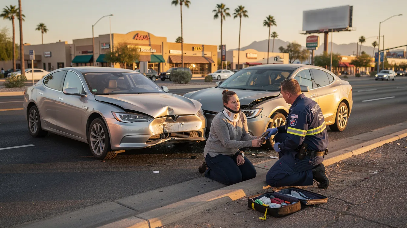 The image depicts a realistic car accident scene in Phoenix during golden hour, featuring two generic sedans with visible front-end damage pulled over on a multi-lane roadway. An injured adult, wearing a neck brace and plain clothing, receives calm medical attention from two paramedics, while palm trees and low-rise buildings are visible in the background, all under warm desert lighting.