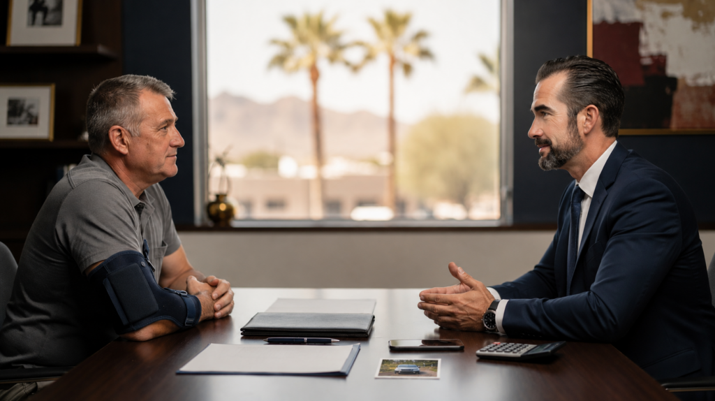 The image depicts a professional consultation scene in a modern Phoenix law office, where an injured adult accident victim, wearing a subtle arm brace, discusses their case with a polished middle-aged male injury lawyer. The warm lighting and organized claim-related materials on the conference table suggest a focus on legal guidance and recovery for personal injury victims under Arizona law.