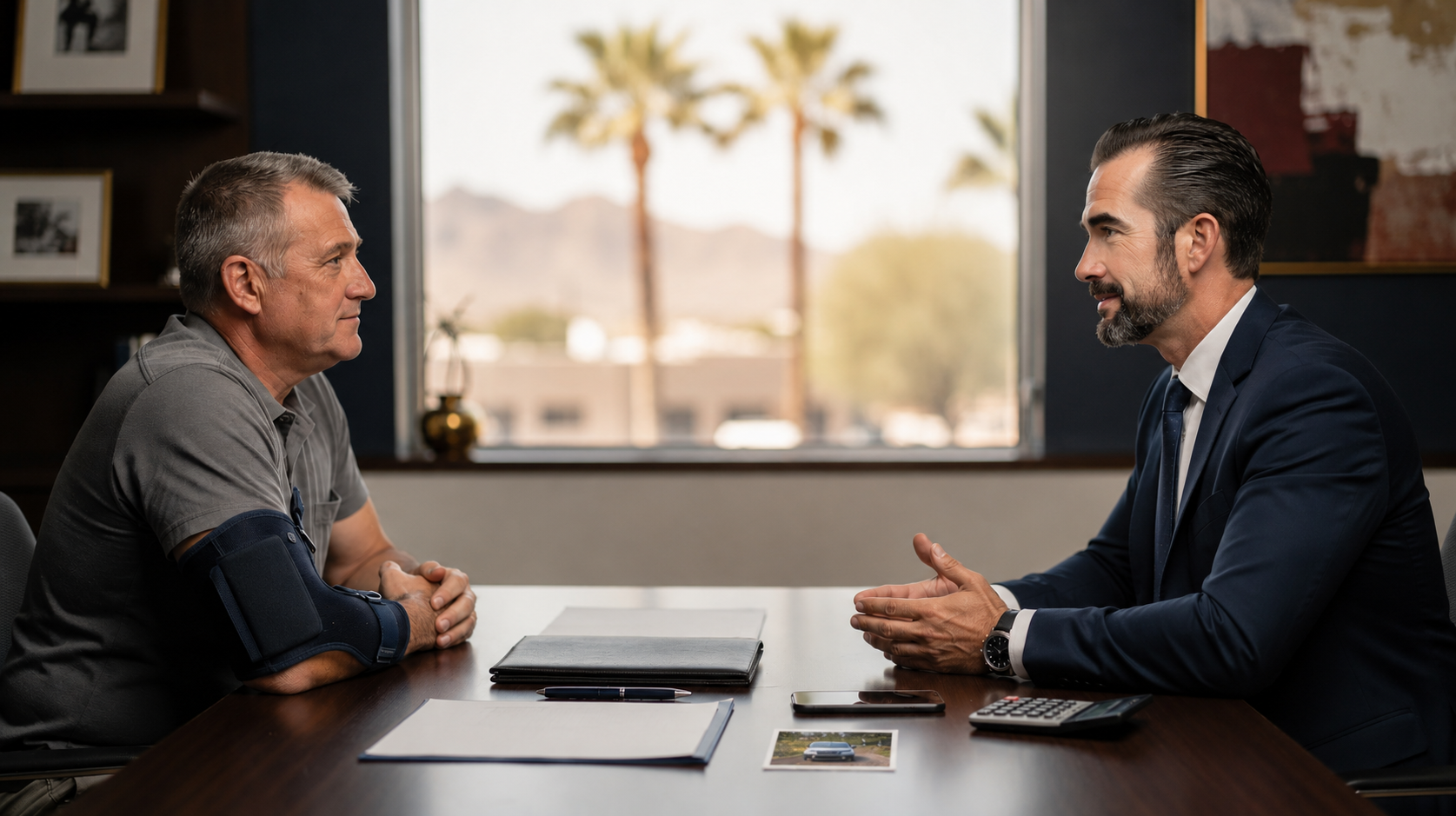 The image depicts a professional consultation scene in a modern Phoenix law office, where an injured adult accident victim, wearing a subtle arm brace, discusses their case with a polished middle-aged male injury lawyer. The warm lighting and organized claim-related materials on the conference table suggest a focus on legal guidance and recovery for personal injury victims under Arizona law.