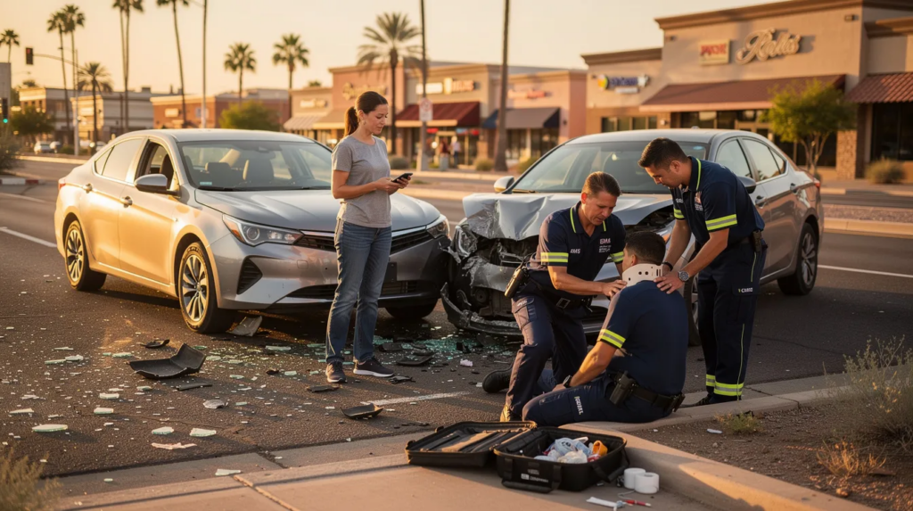 A realistic scene of a car accident in Phoenix during golden hour shows two generic vehicles with visible damage positioned at angles on a wide urban roadway, surrounded by scattered debris. An adult driver appears shaken while holding a smartphone, as two paramedics in navy blue uniforms provide medical care to an injured person seated on the curb, highlighting the importance of seeking medical attention after an auto accident.
