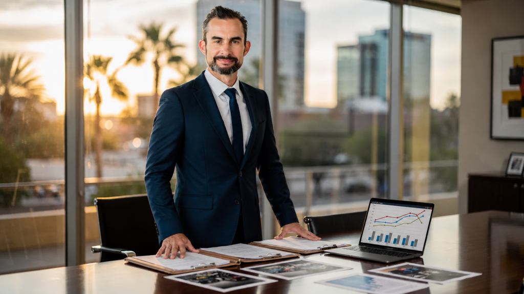 A confident middle-aged male personal injury attorney, resembling Jason Harris, stands beside a conference table filled with case files and accident photos. The scene, set in a polished law office with warm desert sunlight streaming through a window highlighting palm trees and a modern Phoenix skyline, conveys a professional and trustworthy atmosphere for understanding fault rules in personal injury cases.