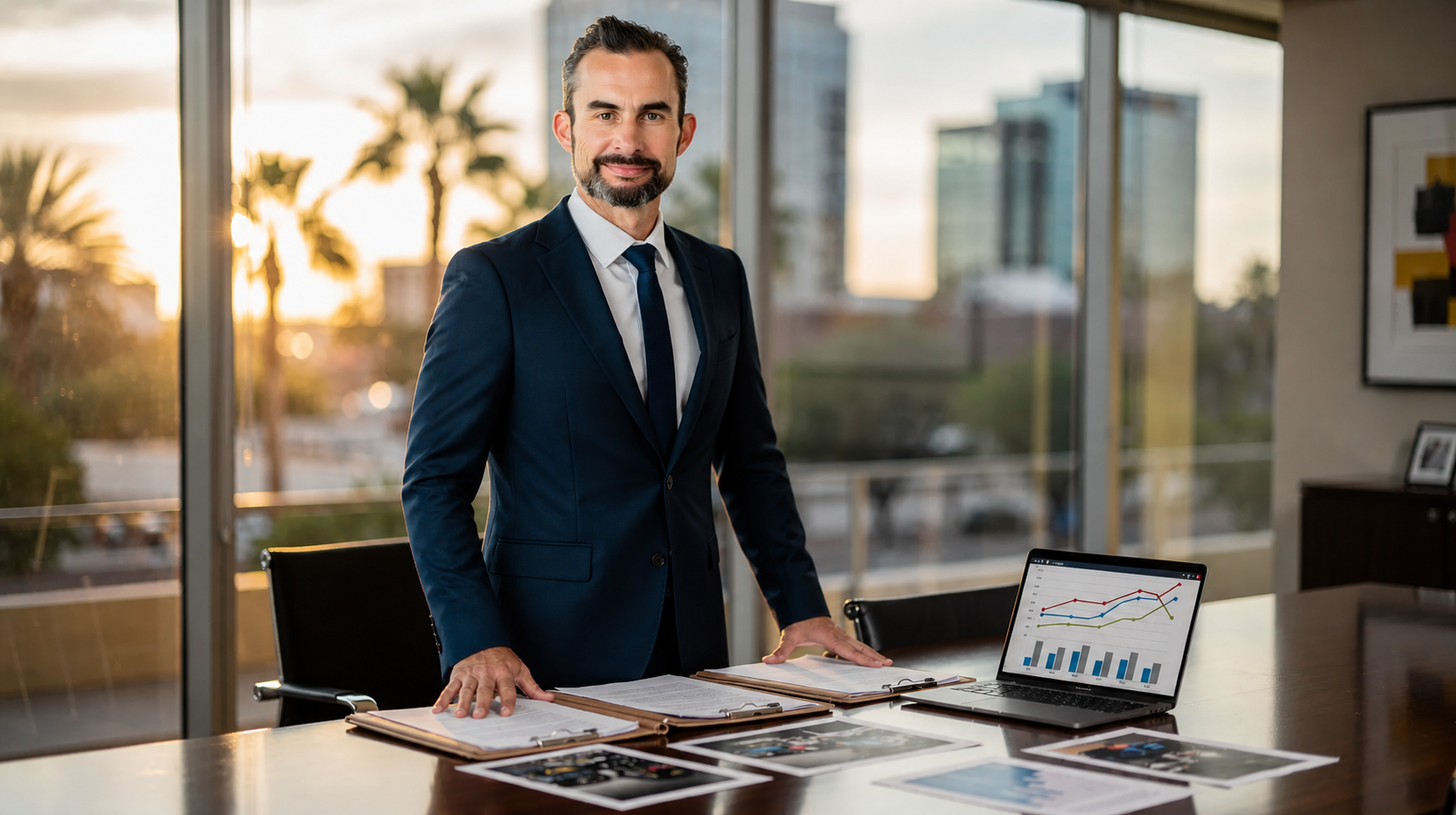 A confident middle-aged male personal injury attorney, resembling Jason Harris, stands beside a conference table filled with case files and accident photos. The scene, set in a polished law office with warm desert sunlight streaming through a window highlighting palm trees and a modern Phoenix skyline, conveys a professional and trustworthy atmosphere for understanding fault rules in personal injury cases.