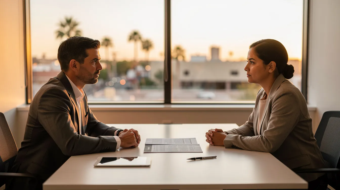 A well-dressed adult client and an attorney are seated across from each other in a modern Phoenix law office, engaged in a focused discussion while reviewing blurred documents related to a car accident case. The warm golden hour light filters through a large window, softly illuminating the professional atmosphere, which emphasizes the importance of legal representation in personal injury claims and car accident cases.
