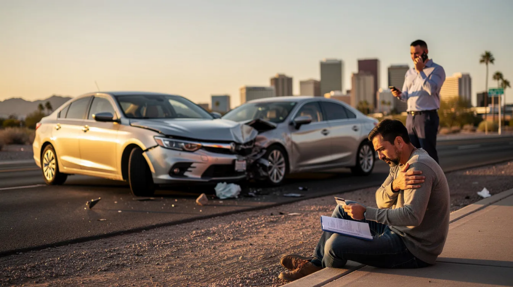 The image depicts the aftermath of a car accident in Phoenix, Arizona, with two unbranded sedans safely stopped on the shoulder after a collision. An injured adult is seated on the curb, reviewing medical bills and an insurance card, while another driver stands nearby, exchanging information by phone, all set against a warm golden-hour desert backdrop with a blurred downtown skyline.