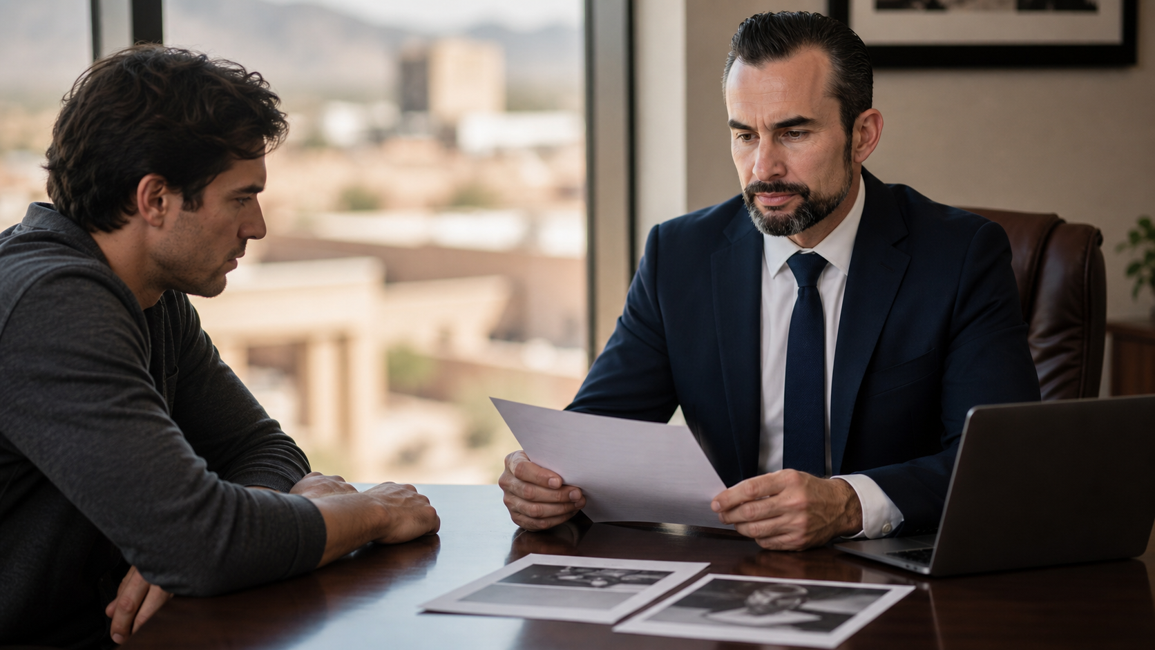 A middle-aged male Phoenix personal injury attorney, resembling Jason Harris, is seated at a polished office desk, reviewing an insurance claim file with a serious accident victim. The warm natural light creates a soft atmosphere in the legal office, emphasizing a tone of trust and support as they navigate the complexities of personal injury law and insurance claims.