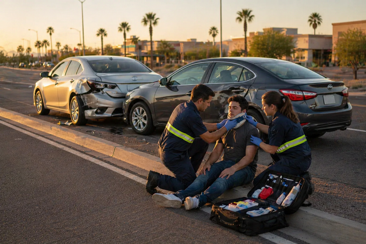 A calm scene depicting the aftermath of a car accident in Phoenix during golden hour, featuring two generic sedans parked on the roadside with visible damage. Two paramedics in navy blue uniforms are providing medical care to an injured adult on the curb, emphasizing the importance of medical treatment and support in car accident cases.