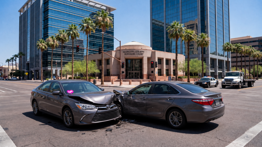 Damaged Lyft vehicle and another sedan after a collision near Maricopa County Superior Court in downtown Phoenix.
