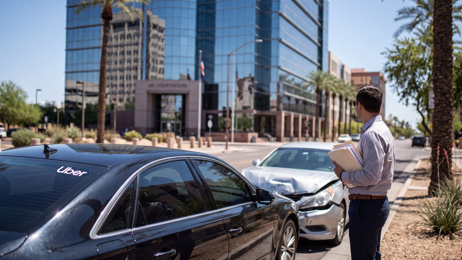 Uber vehicle involved in a rear-end collision near a Phoenix courthouse as a man reviews accident documents.