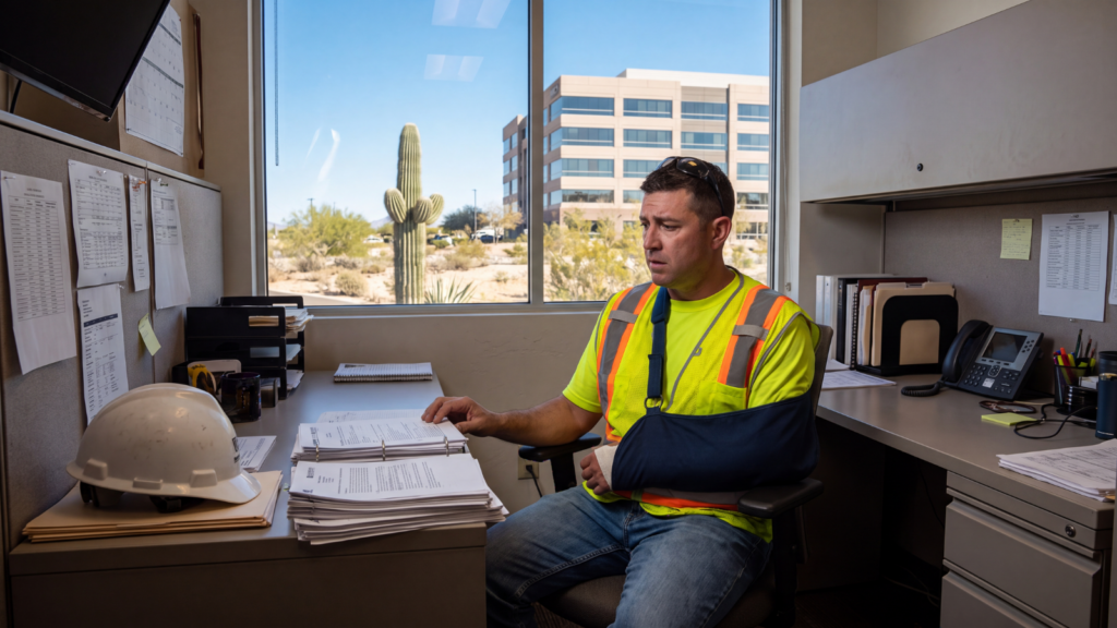 Injured construction worker in a Phoenix office reviewing workers’ compensation paperwork after learning his employer may not have insurance
