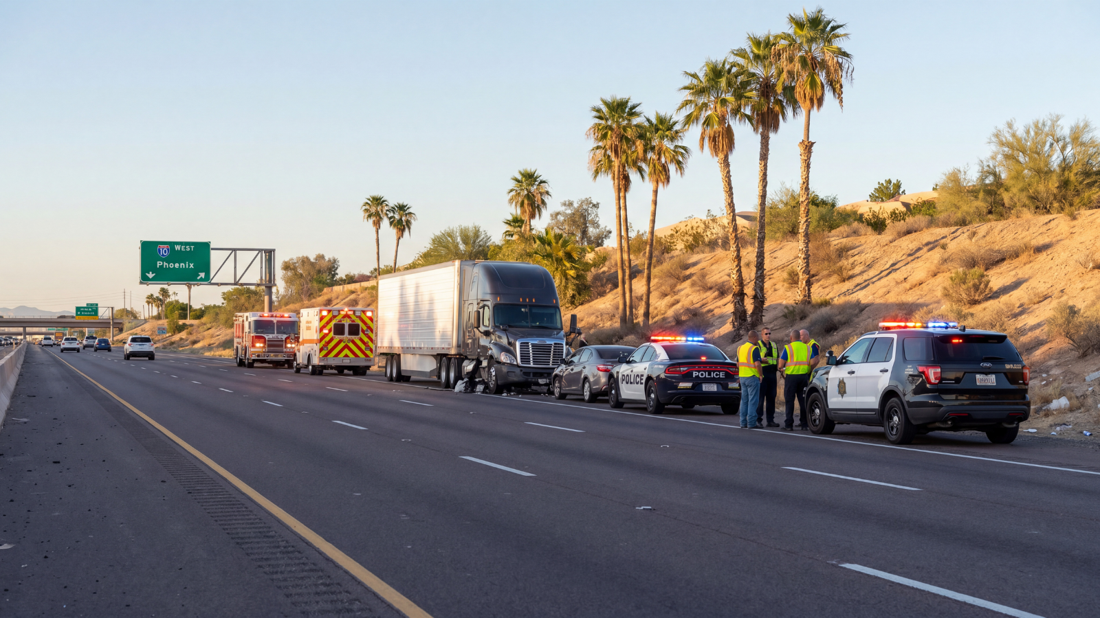 Truck accident on I-10 in Phoenix with emergency responders