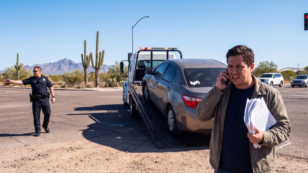 Phoenix Lyft driver speaking on the phone beside a damaged rideshare vehicle being loaded onto a tow truck after a crash.